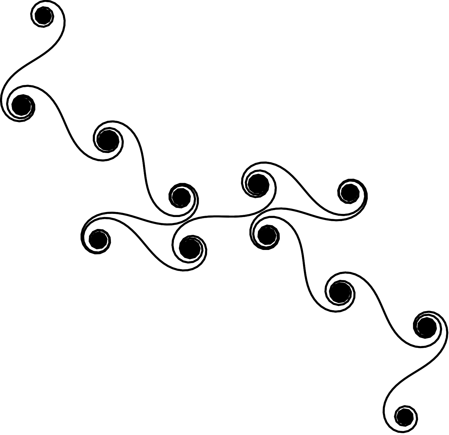 The Euler spiral showing the characteristic inward spiraling pattern with linearly increasing curvature. The curve starts straight and gradually curves more tightly as it progresses.